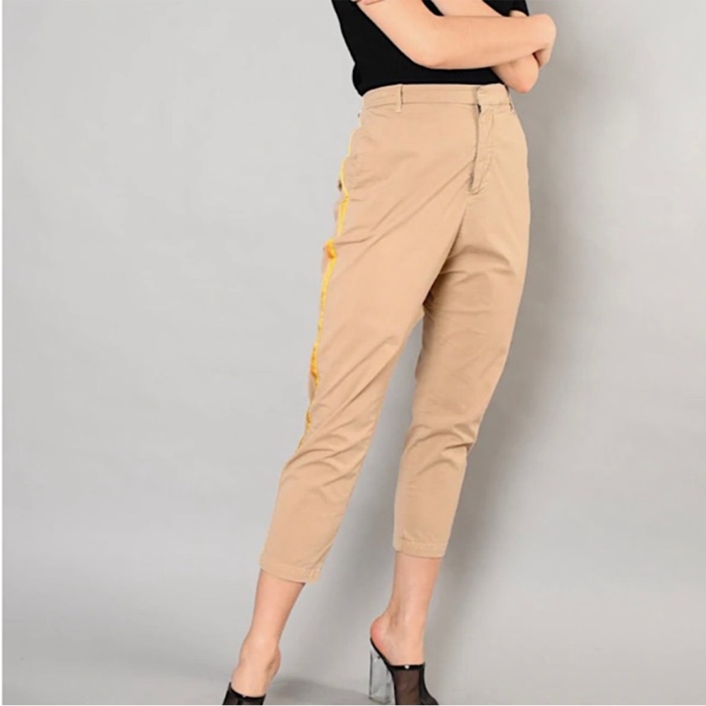 Nili Lotan Khaki Yellow Striped Linen Pants Size 10